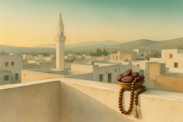 A bowl of dates and prayer beads on a rooftop wall at dawn, with a minaret rising over the rooftops of a quiet town.
