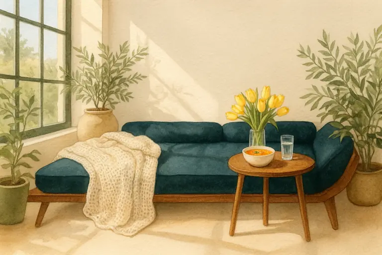 A daybed with a knitted blanket beside a small table holding soup, a glass of water and yellow tulips, among green plants.