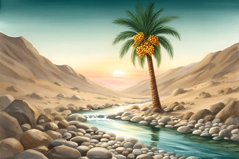 A date palm heavy with ripe dates beside a clear brook in a quiet desert valley at sunrise.