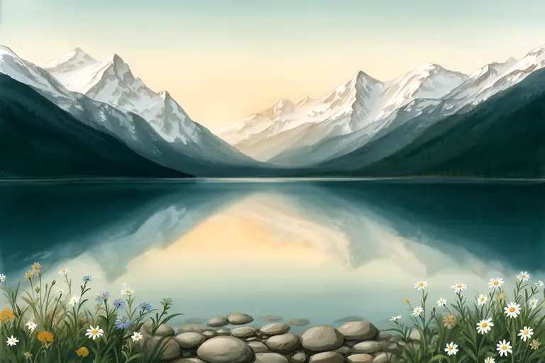 Snow-capped mountains reflected in a still alpine lake at sunrise, with wildflowers and smooth stones on the shore.