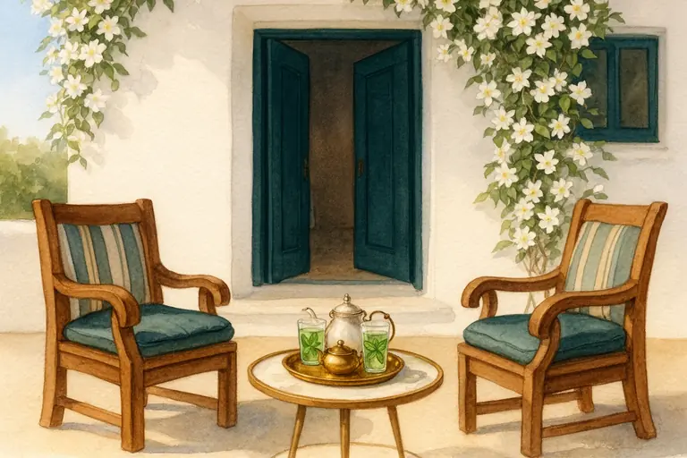 A porch table with a teapot and two glasses of mint tea between two cushioned chairs, beside an open teal door and white jasmine.