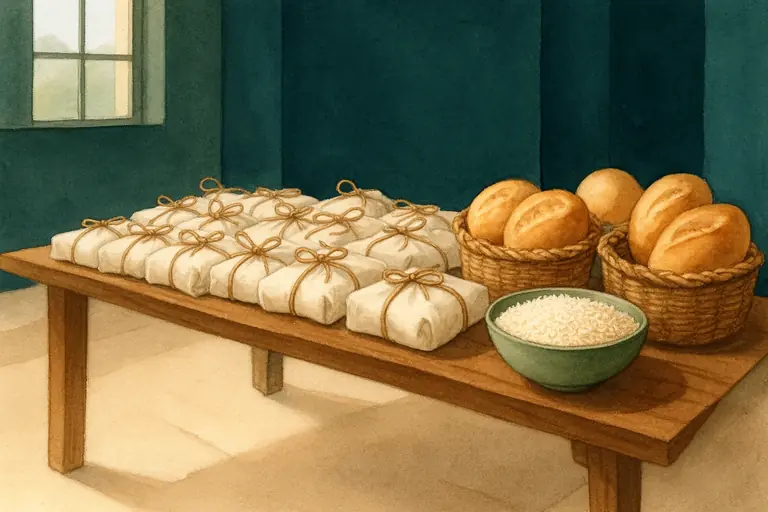 Food parcels wrapped in cloth and tied with twine on a long table, beside baskets of bread and a bowl of rice.