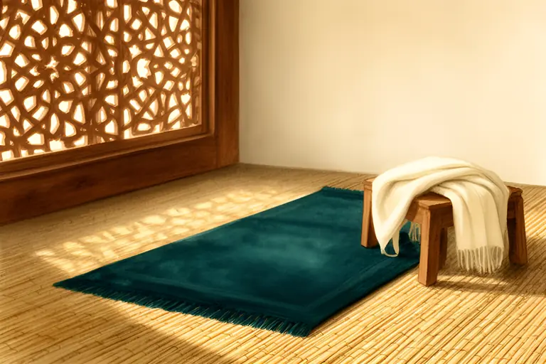 Afternoon light through a carved lattice window falling on a teal prayer mat, beside a low stool with a folded shawl.