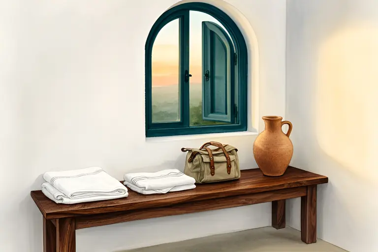 Folded white cloths, leather sandals, a travel bag and a clay water flask on a bench by a window at dawn.