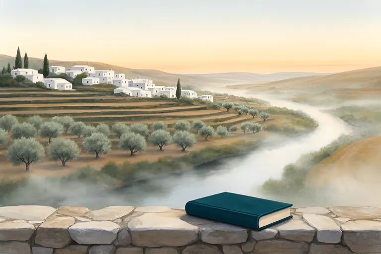 A closed book on a stone wall overlooking a river valley with olive groves and a white village at sunrise.